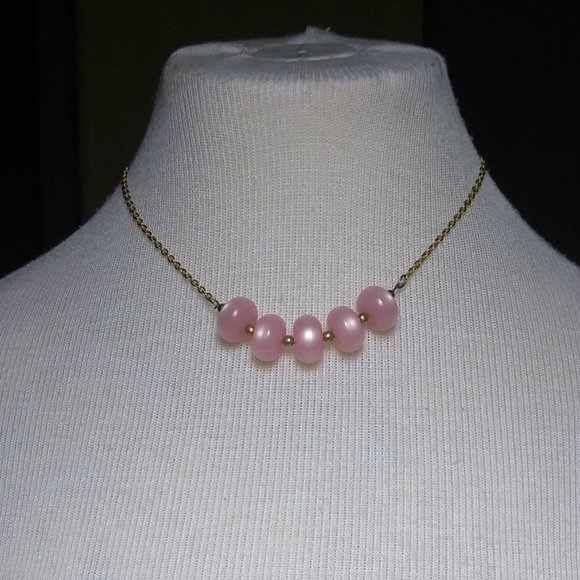 Gold Tone Chain with Pink Beads Necklace - Picture 1 of 7